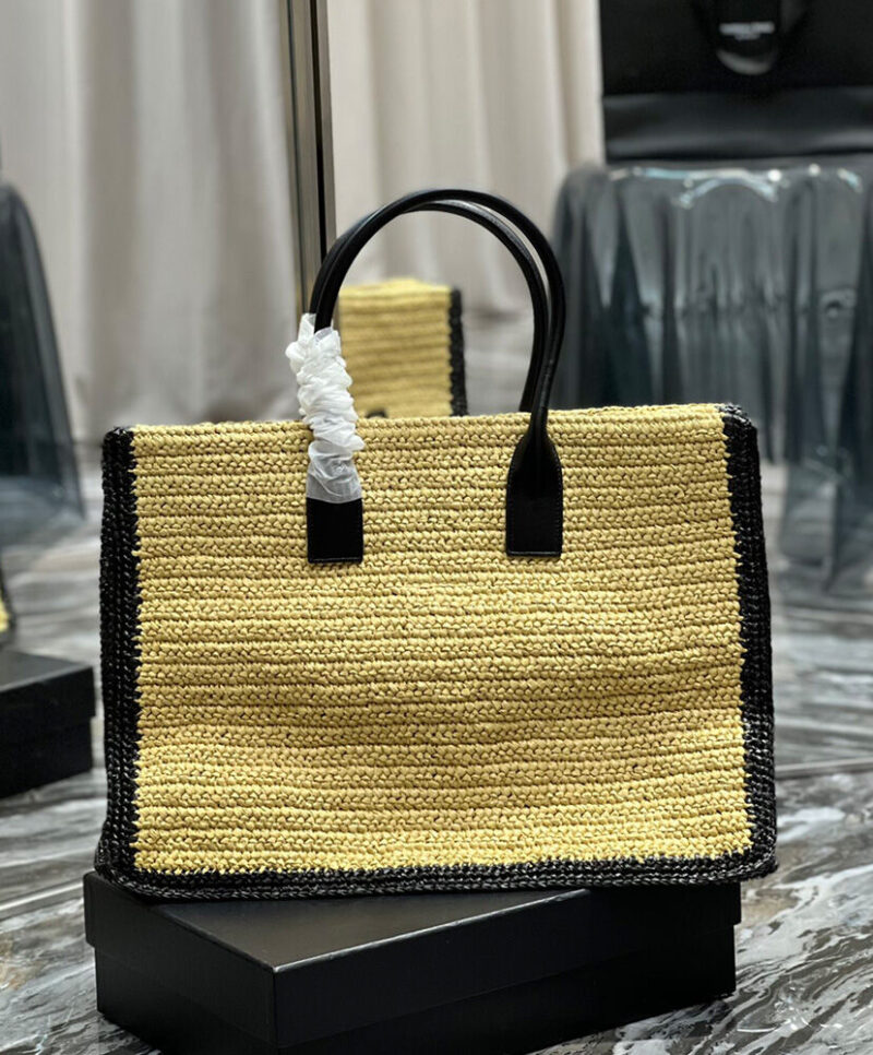 Saint Laurent Rive Gauche Tote Bag In Raffia And Leather Apricot
